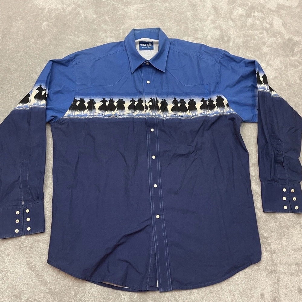 Vintage Wrangler Graphic Pearl Snap Shirt Horses Western Blue Men’s XL